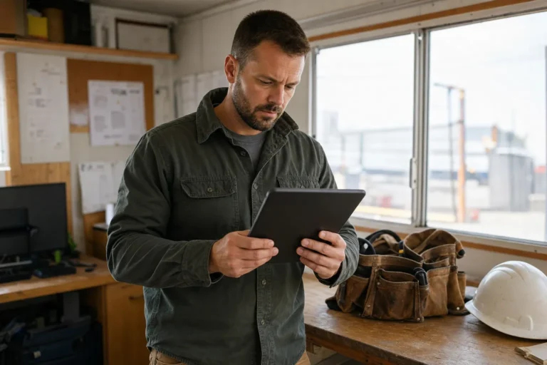 A man in a work shirt stands in an office, looking at a tablet. A tool bag and hard hat are on the wooden table beside him.