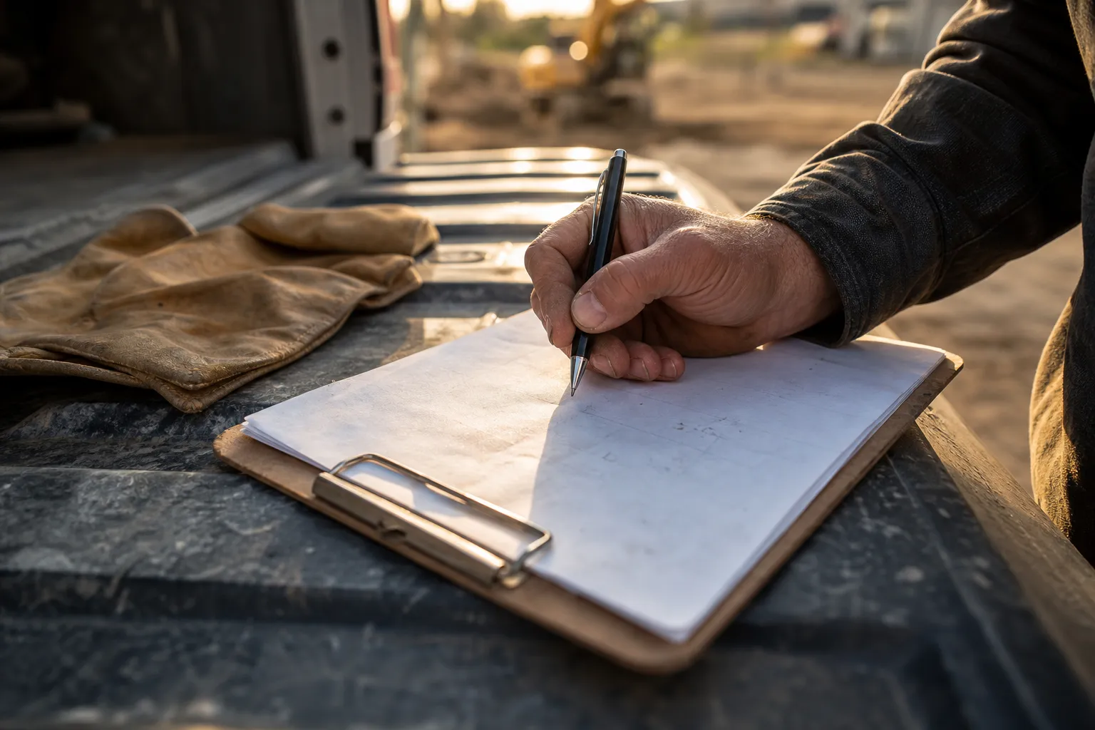 A person writes on a clipboard outdoors near a pair of work gloves, with construction equipment visible in the blurred background.