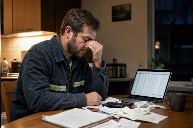 A man sits at a kitchen table with a laptop, paperwork, and receipts, holding his head in apparent frustration or stress.