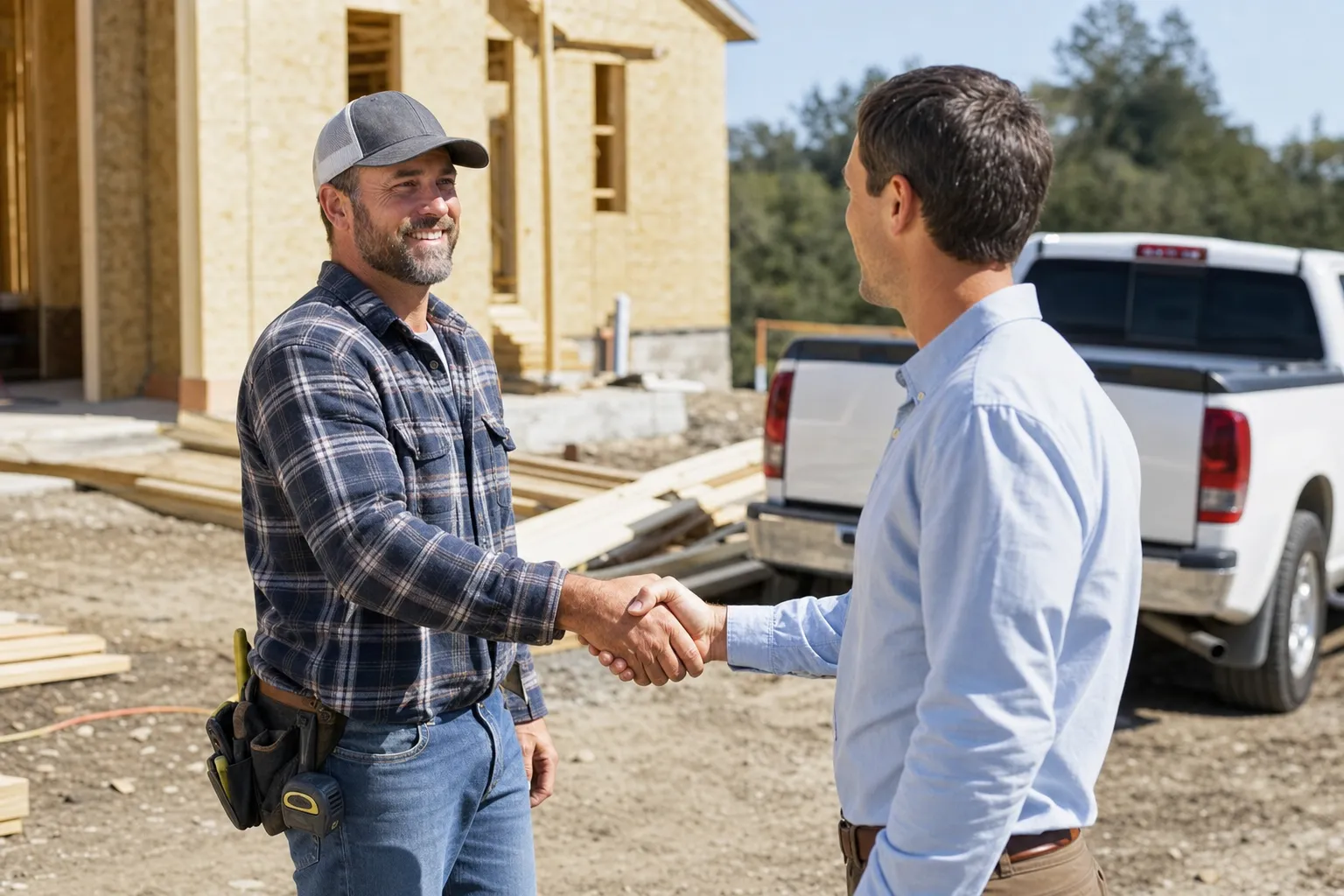 A construction worker and a man in business attire shake hands outside a house under construction, with a white pickup truck in the background.