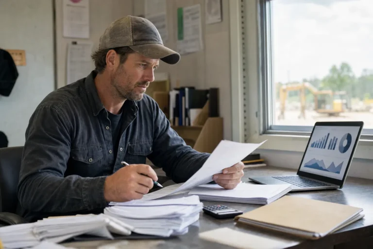 Man in a cap reviews documents at a desk with a laptop displaying charts, a calculator, and paperwork, inside an office with a window showing a construction site outside.