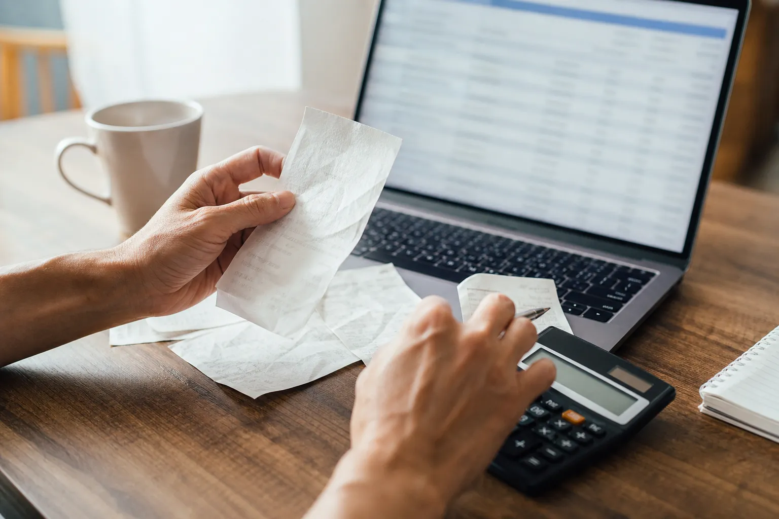Person reviews receipts with a calculator beside a laptop and coffee mug on a wooden desk, likely working on finances or budgeting.