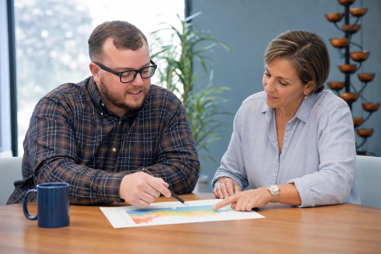 A man and a woman sit at a table, discussing a colorful chart on paper. The man points at the chart with a pen while the woman listens. A blue mug and indoor plants are visible in the background.