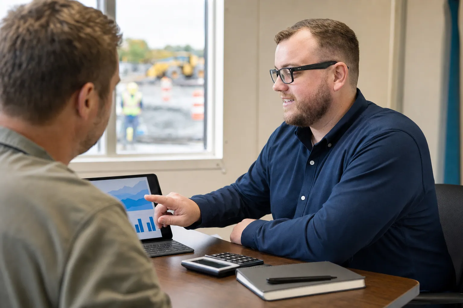 Two men sit at a desk as one points to a tablet displaying a bar chart. A notebook, pen, and calculator are on the table, with a window showing a construction site in the background.