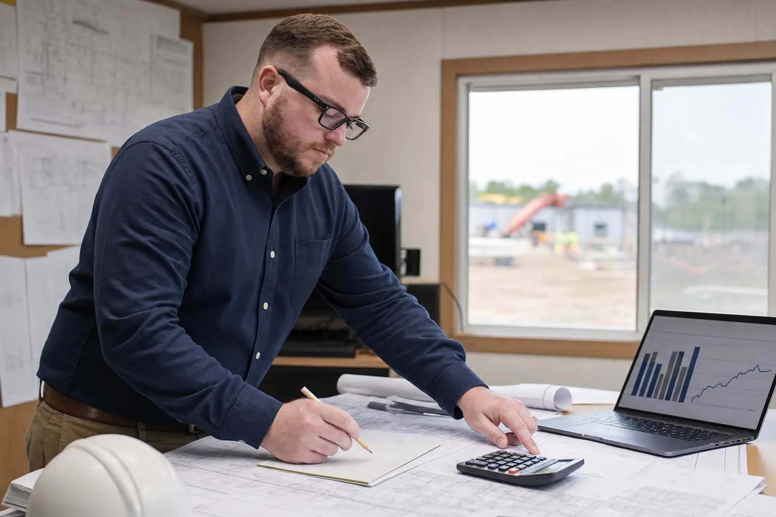 Man in an office reviews blueprints on a desk, taking notes with a pencil, using a calculator; laptop nearby displays a bar and line graph, construction site visible through window.